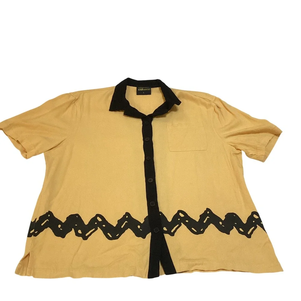Peanuts Charlie Brown Zigzag Button Down Shirt Yellow Black Mens Lrg Cedar Fair